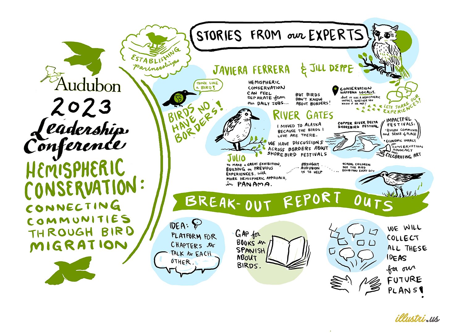 The Hemispheric Conservation, Connecting Communities Through Bird Migration board, drawn in green, black and pale blue. A left column carries the Audubon logo and the session title. Stories from our experts credits Javiera Ferrera and Jill Deppe, with drawings of an owl, a curlew, a shorebird and a pelican, and quotes including birds have no borders and conservation happens locally. A green banner reads break-out report outs.