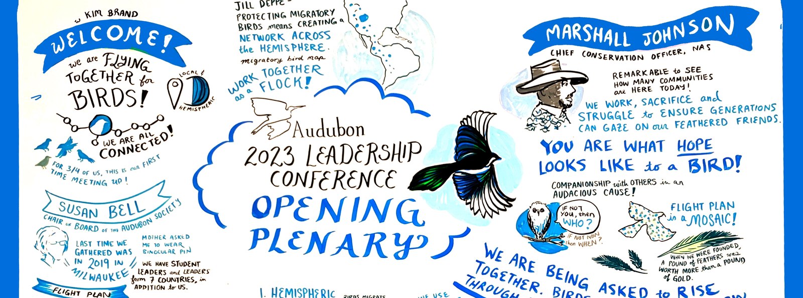 The Opening Plenary board for the National Audubon Society 2023 Leadership Conference, hand drawn in blues and blacks: the conference title, live portraits of board chair Susan Bell and chief conservation officer Marshall Johnson, a flying magpie, and the line "You are what hope looks like to a bird."