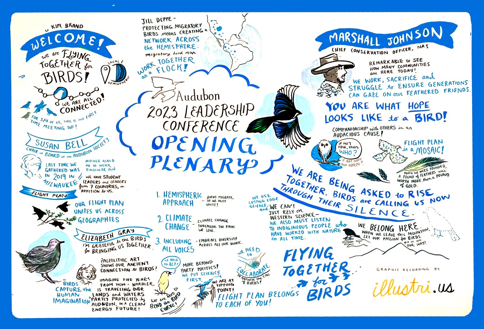 The Opening Plenary board, drawn in blues and blacks on white. The Audubon logo and the words 2023 Leadership Conference, Opening Plenary sit at the centre beside a flying magpie. Live portraits of Susan Bell, chair of the board, Elizabeth Gray, and Marshall Johnson, chief conservation officer, are captioned with their quotes, including You are what hope looks like to a bird and We are being asked to rise together, birds are calling us now through their silence. A numbered list reads hemispheric approach, climate change, including all voices.