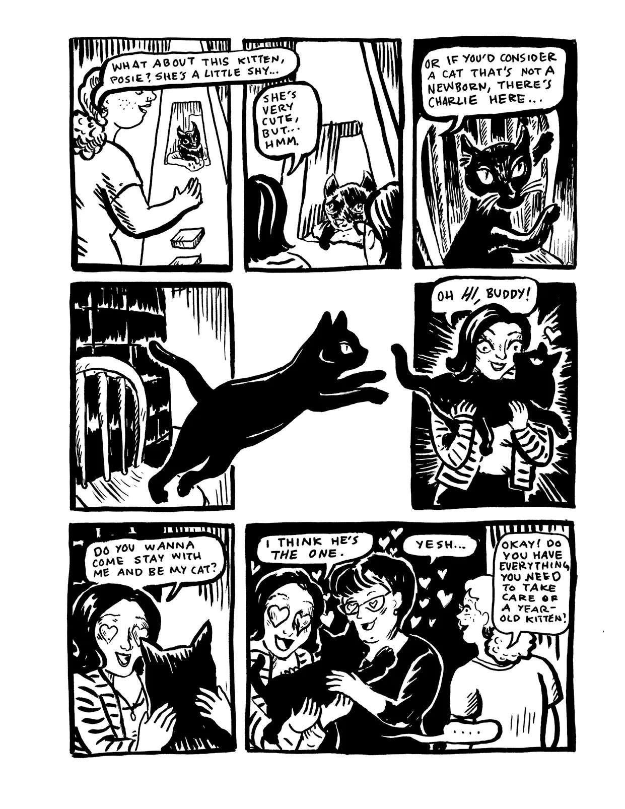 A black and white page: two women talk on a sofa while a cat leaps across the middle of the page, and one asks the other to stay the night.