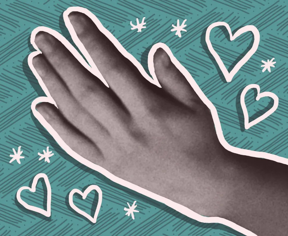 An illustration of an open hand with drawn hearts and sparkles on a teal ground.