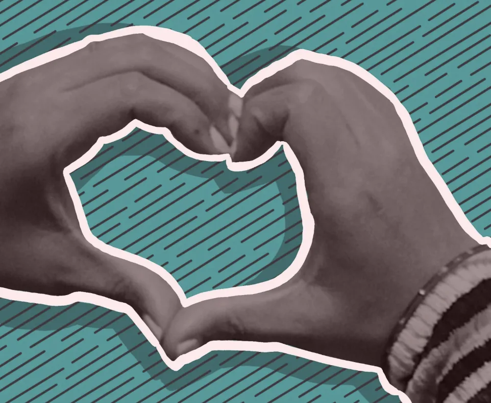 An illustration of two hands forming a heart on a teal hatched ground.