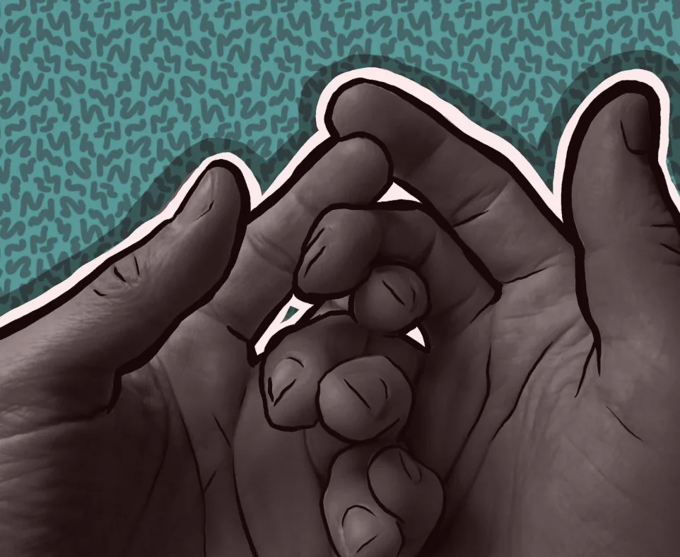 An illustration of two hands cupped together on a patterned teal ground.