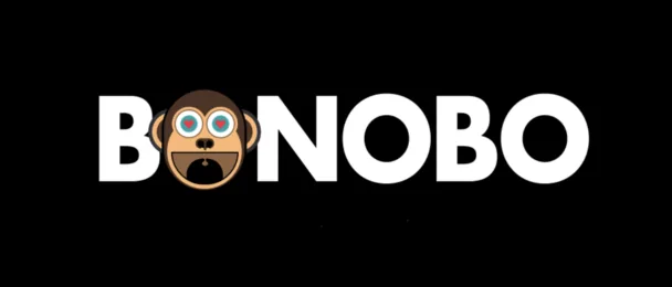 The Bonobo wordmark in white on black, the letter O replaced by a drawn bonobo face.