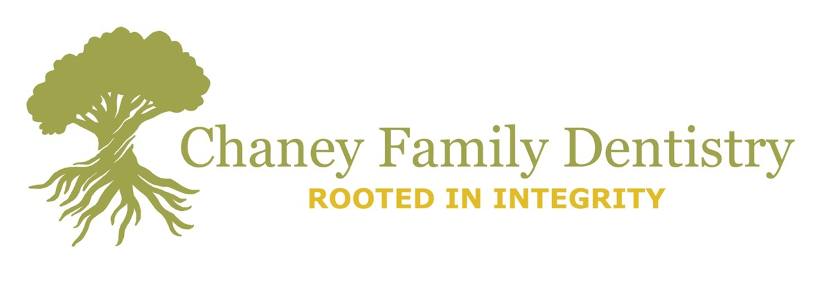 The horizontal Chaney Family Dentistry lockup: the rooted oak mark beside the practice name, with the tagline Rooted in Integrity set beneath in gold.