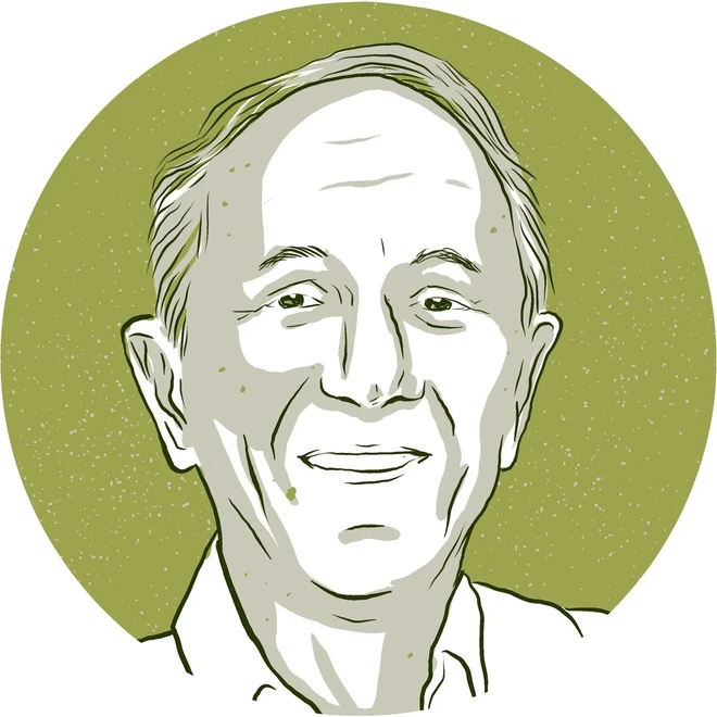 A drawn portrait of Dr Victor Chaney, an older man with a broad smile, on the same olive-green circle.