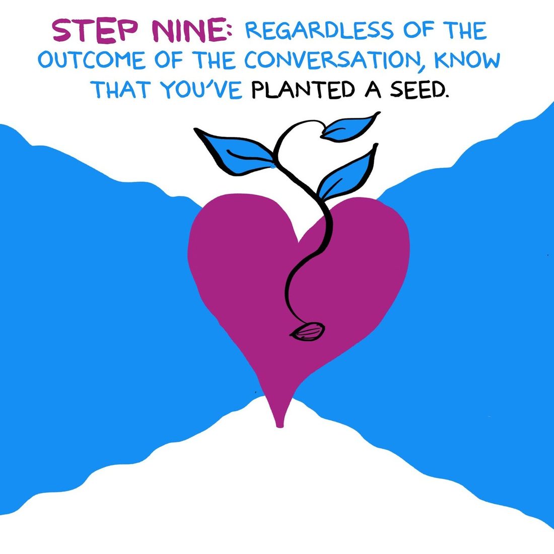 A large magenta heart sits between torn edge blue fields, with a black outlined seed at its base sending a curling stem upward that breaks out through the top of the heart into three blue leaves. The heading reads step nine, regardless of the outcome of the conversation, know that you have planted a seed.