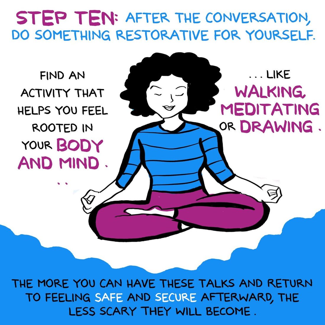 The young woman with the black curly afro sits cross legged in a meditation pose, eyes closed and smiling. Under a heading reading step ten, after the conversation do something restorative for yourself, the text suggests finding an activity that helps you feel rooted in your body and mind like walking, meditating or drawing, and notes that the more you can have these talks and return to feeling safe and secure afterward, the less scary they will become.