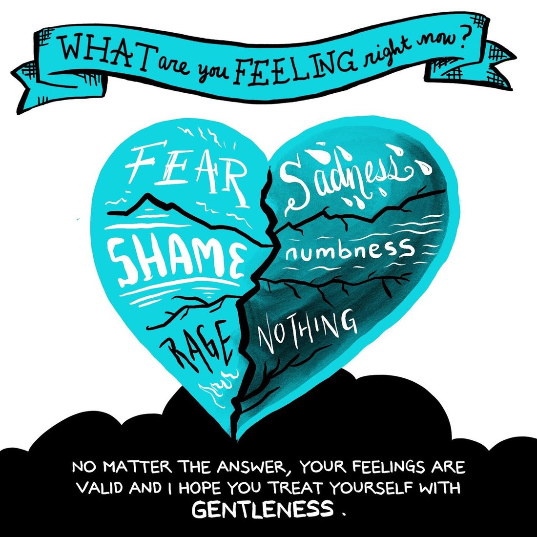 A banner asks "WHAT are you FEELING right now?" above a large cracked heart split down the middle: the bright turquoise left half is lettered FEAR, SHAME and RAGE over drawn mountains, the dark grey-green right half is lettered Sadness, numbness and NOTHING over cracked ground. Black clouds along the bottom carry white text about the feelings being valid.