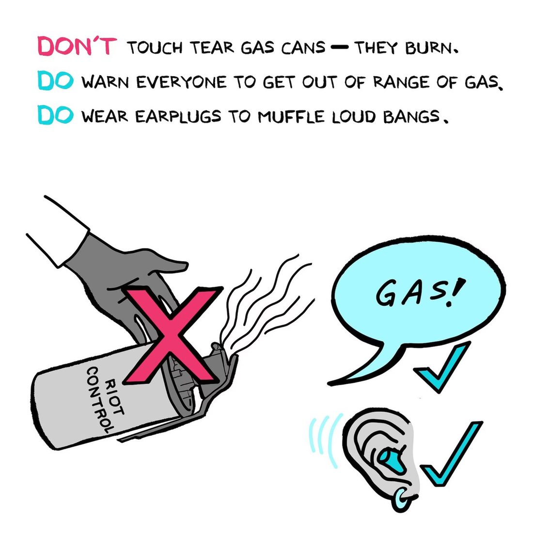 A gray hand reaches toward a smoking canister labeled "RIOT CONTROL" and is crossed out with a large pink X. To the right, a teal speech bubble shouting "GAS!" and an ear with an earplug each get a teal check mark. The heading reads "DON'T touch tear gas cans — they burn. DO warn everyone to get out of range of gas. DO wear earplugs to muffle loud bangs."