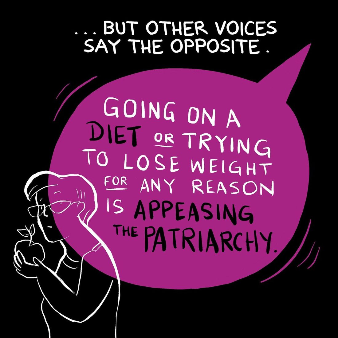 A big magenta speech balloon with motion lines around it takes up the panel, its hand-lettered text mixing white and black words. At the lower left the woman in glasses, in white outline, holds a small apple in both hands and looks down at it with a flat expression.