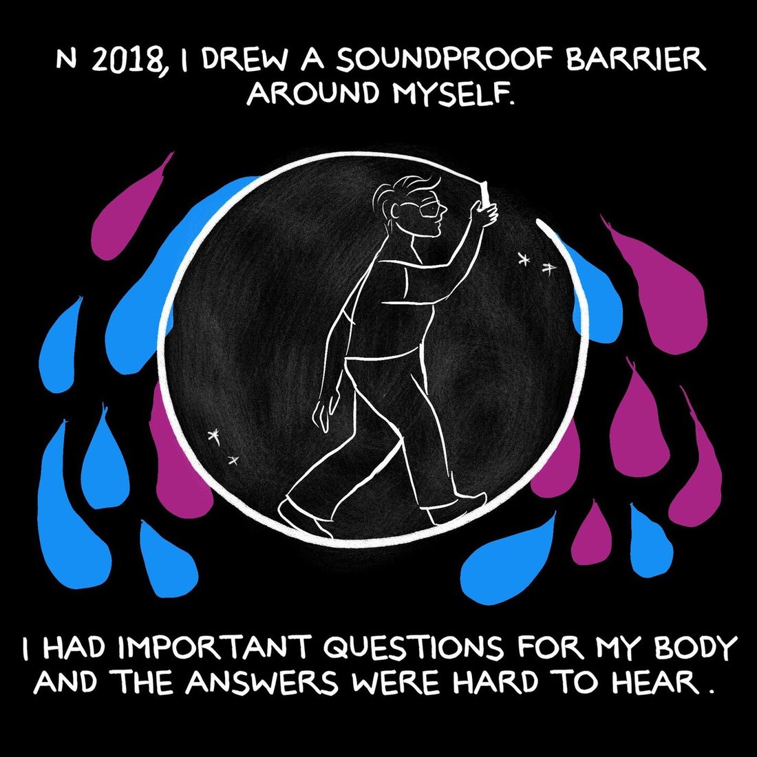 The woman walks inside a large chalky circle, reaching up to draw its white rim with a piece of chalk, in white outline on black. Outside the circle, solid blue and magenta teardrop shapes fall like rain on all sides but cannot get in. Caption text runs above and below the circle; the first letter of the top line is cut off by the panel edge.