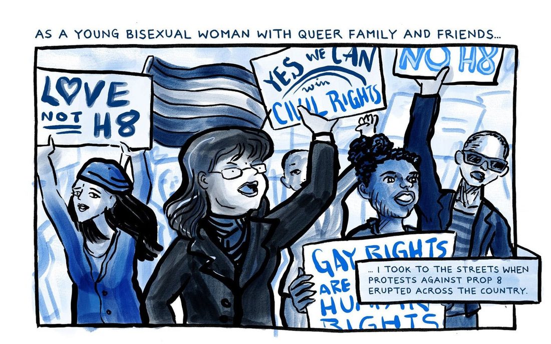 A wide blue and grey crowd scene of a street protest. The author, a bespectacled woman in a dark coat, shouts at centre while marchers around her raise a rainbow flag and hand lettered signs. Captions read that as a young bisexual woman with queer family and friends, she took to the streets when protests against Prop 8 erupted across the country.