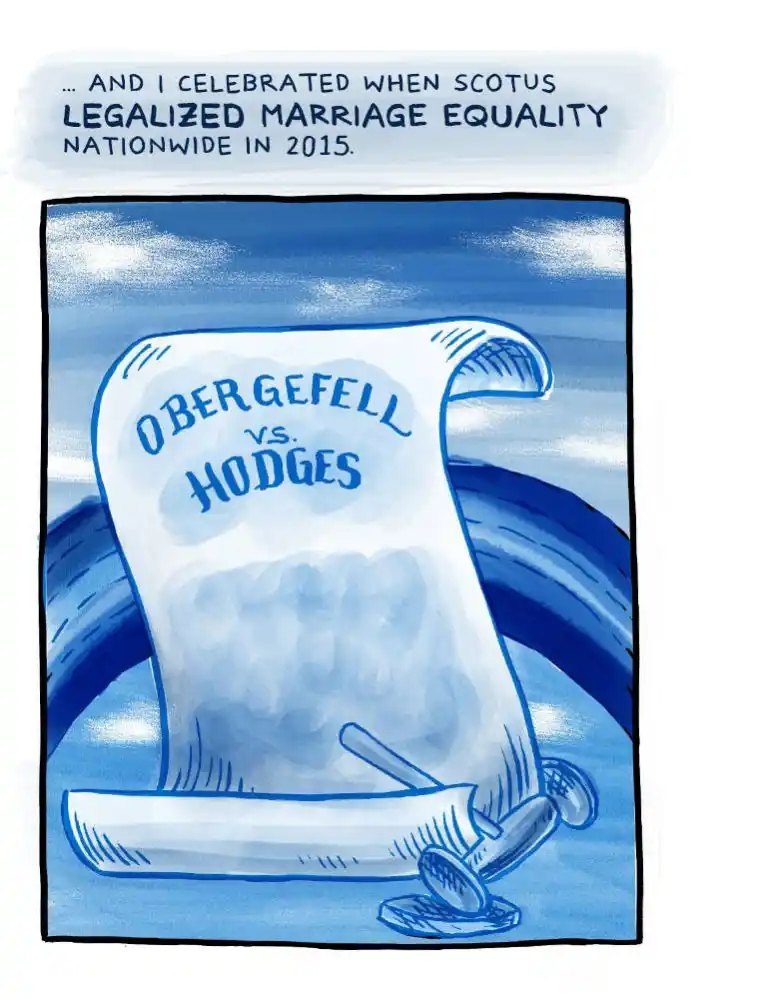 A scroll lettered Obergefell versus Hodges unfurls over a blue sea with a gavel resting at its base. The caption says she celebrated when the Supreme Court legalised marriage equality nationwide in 2015.