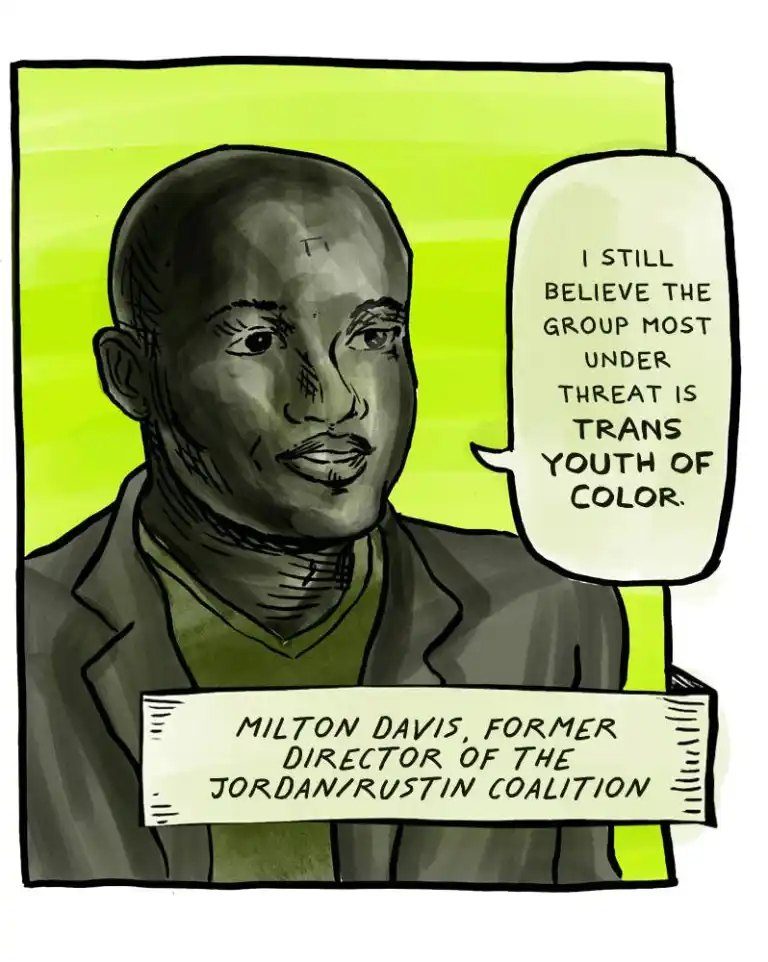 A green toned portrait of a Black man with a moustache in a blazer over a V neck sweater, speaking calmly. A banner identifies him as Milton Davis, former director of the Jordan Rustin Coalition, and his balloon says he still believes the group most under threat is trans youth of colour.