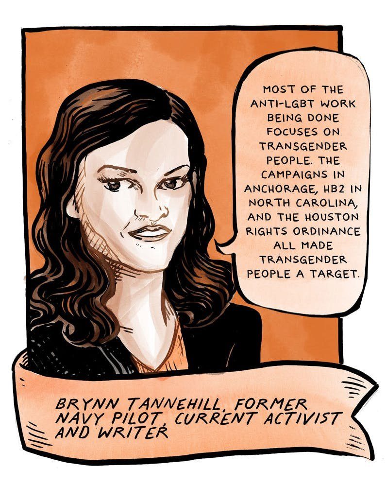 An orange toned portrait of a woman with long wavy brown hair in a dark top, speaking. A ribbon names her Brynn Tannehill, former Navy pilot and current activist and writer, and her balloon says that most of the anti LGBT work being done focuses on transgender people, naming campaigns in Anchorage, HB2 in North Carolina and the Houston rights ordinance.