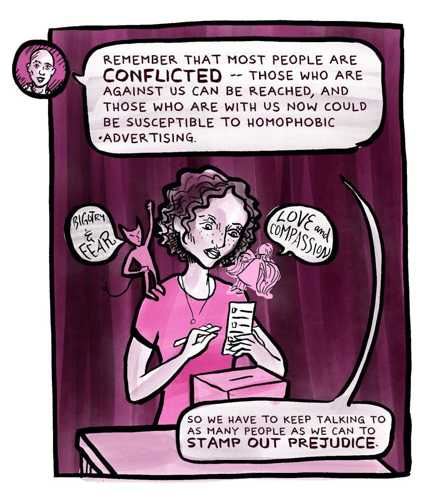In a magenta panel a curly haired woman at a table marks a ballot beside a ballot box, with a tiny devil on one shoulder labelled bigotry and fear and a tiny angel on the other labelled love and compassion. An inset portrait of David Fleischer notes that most people are conflicted, that those against us can be reached and those with us could be susceptible to homophobic advertising, and a caption adds that we have to keep talking to as many people as we can to stamp out prejudice.
