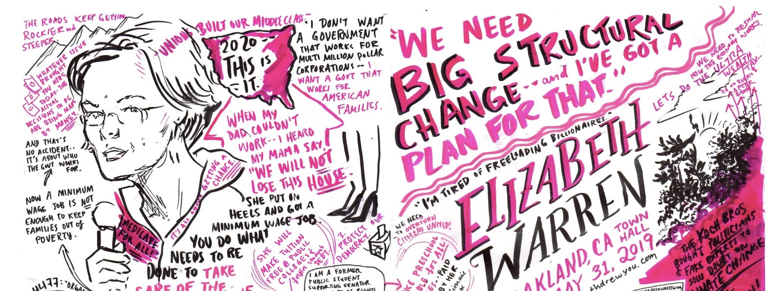 The Elizabeth Warren town hall scribe, drawn in magenta and black: a live portrait of Warren at the microphone beside her line We need big structural change and I have got a plan for that, the words Oakland CA Town Hall May 31 2019, and drawn portraits of people in the crowd holding Dream Big Fight Hard signs.