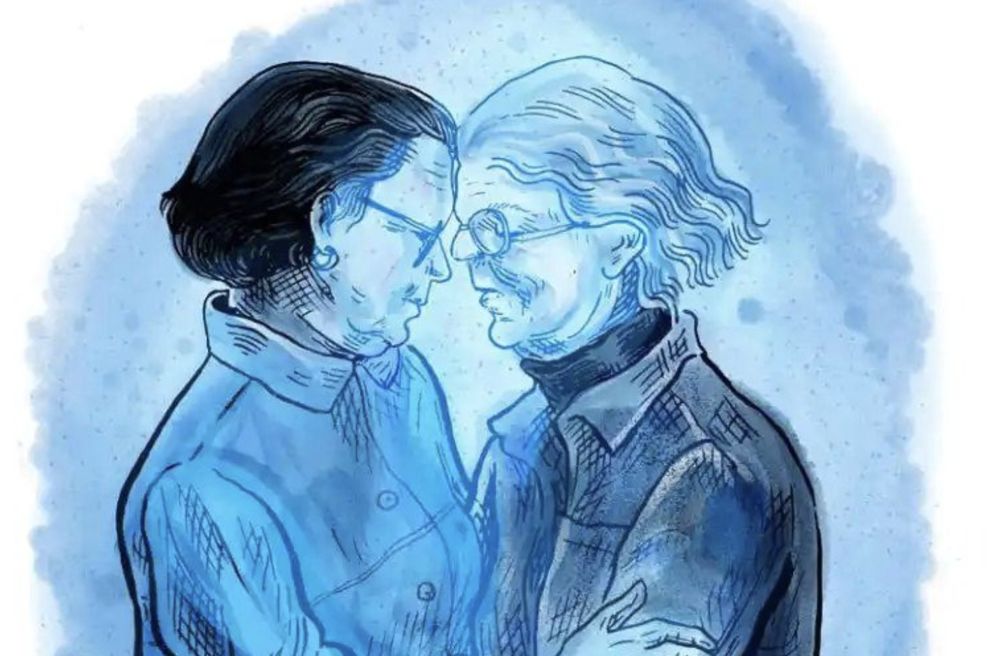The opening panel of the Prop 8 comic, drawn in blue monochrome.