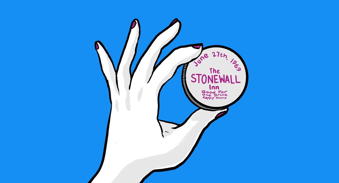 An opening panel on bright blue: a pale hand holds up a round Stonewall Inn drink coaster, hand lettered June 27th 1969, good for one drink, happy hour.