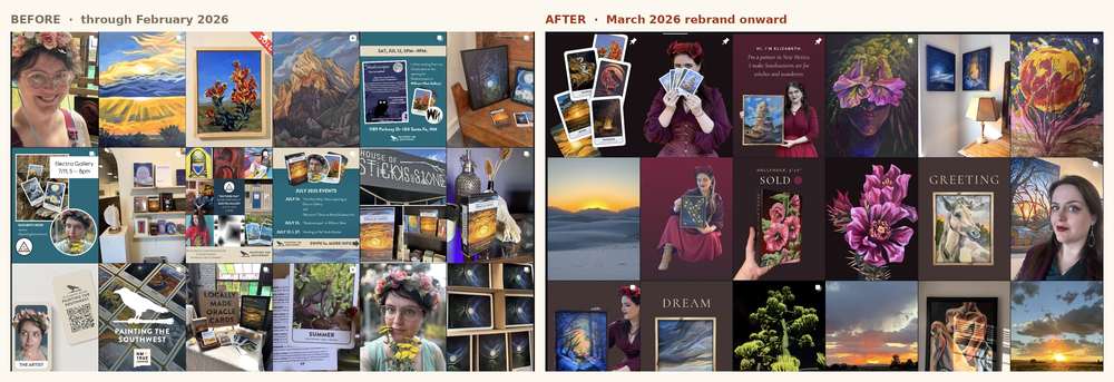 Two Instagram grids side by side. The earlier grid mixes teal event flyers, phone snapshots and product photos with no consistent treatment. The later grid uses a single deep oxblood background, one serif display face and repeating post templates.