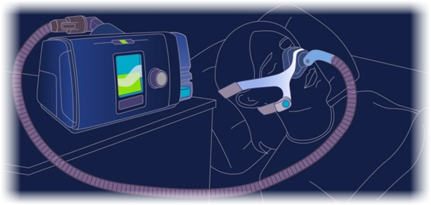 A ResMed AirSense 10 machine drawn on a bedside table, its screen lit, a ribbed hose looping across the bed to a nasal mask on a sleeping person drawn in thin outline.