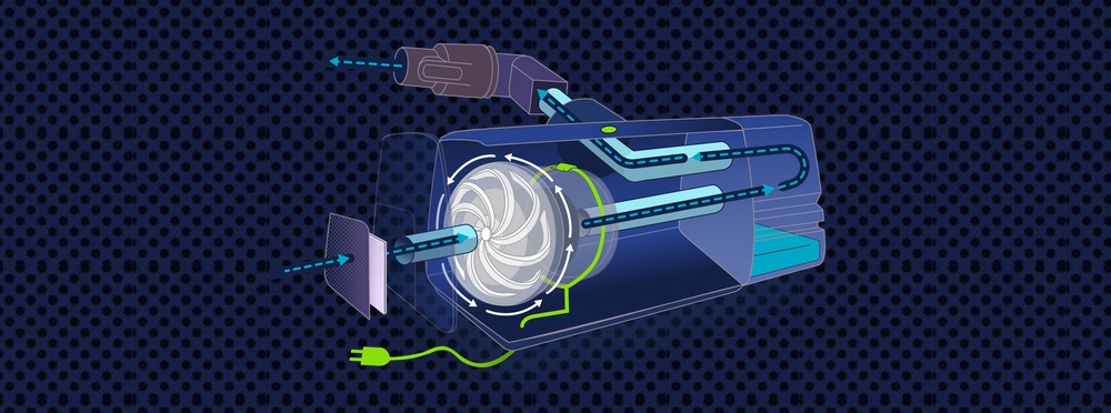 A cutaway drawing on dark navy of a sleep apnea machine: air filter, spinning impeller, humidifier tubes and the green power cord.