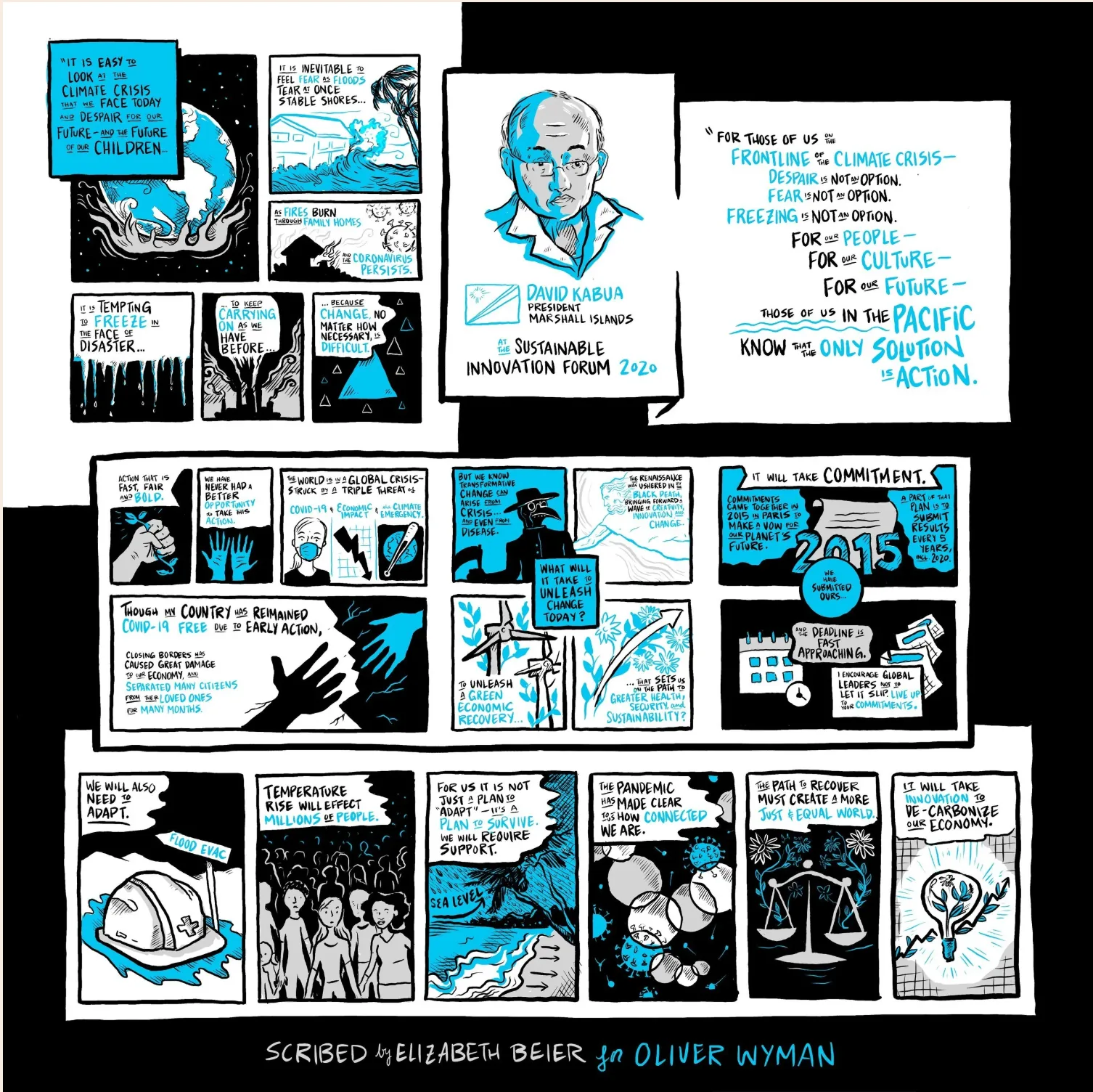 A live drawn board in black, white and cyan: a grid of comic panels beside a portrait of David Kabua, President of the Marshall Islands.